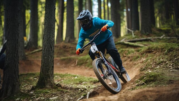 Foto un joven montando una bicicleta de montaña al estilo cuesta abajo