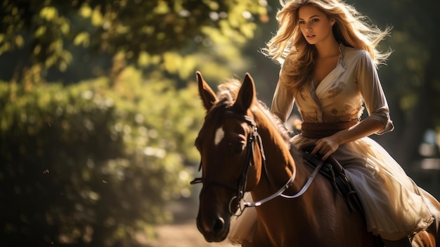 Una joven montando un caballo en el campo.