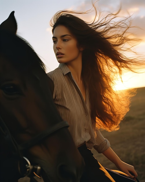 Foto una joven está montando un caballo mientras el sol se pone en el campo ai generativa
