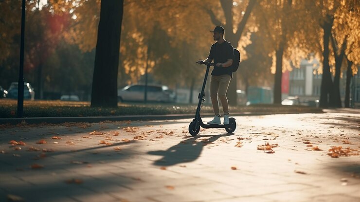 Joven montando un scooter eléctrico en el parque al atardecergenerativo ai