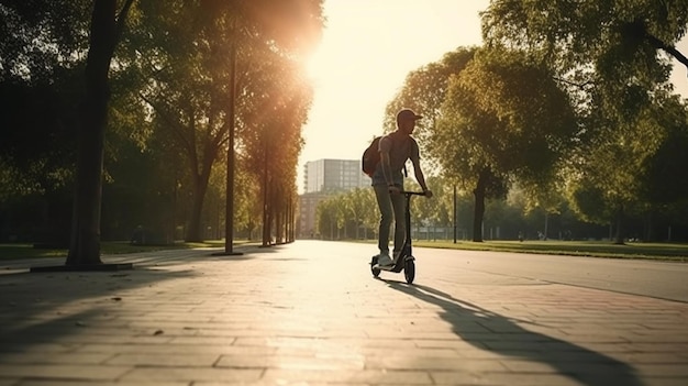 Joven montando un scooter eléctrico en el parque al atardecergenerativo ai