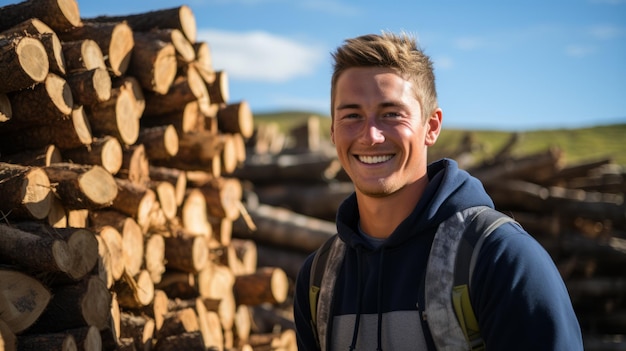 Joven con un montón de leña