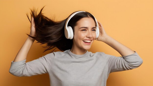 Joven morena con auriculares sacudiendo el cabello