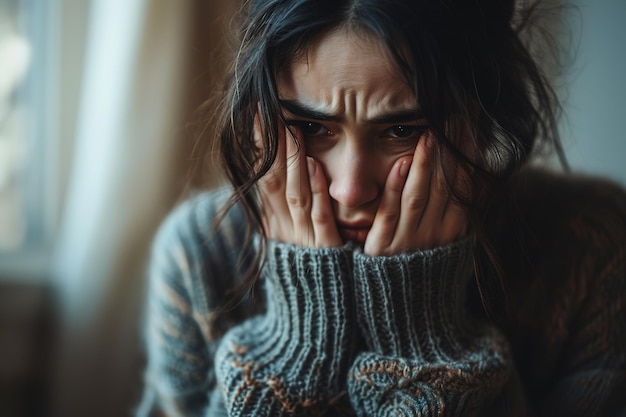 Joven morena de ojos azules suéter de punto gris sufriendo de depresión cubriendo su cara con sus manos