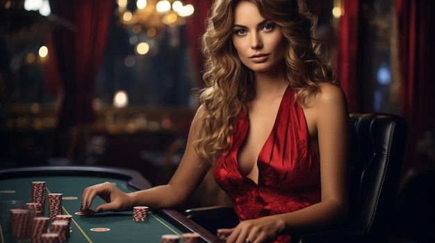 joven morena posando con un vestido rojo en el fondo del casino generado por AI