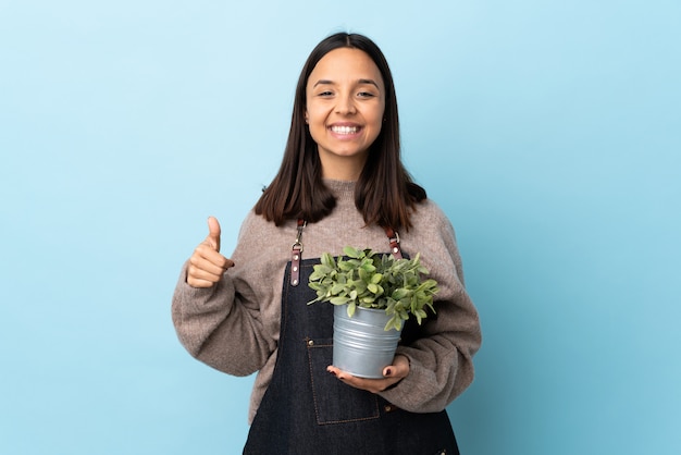 Joven morena de raza mixta mujer sosteniendo una planta sobre espacio azul aislado con copyspace imaginario en la palma para insertar un anuncio y con los pulgares arriba