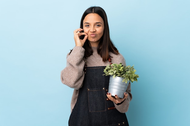 Joven morena de raza mixta mujer sosteniendo una planta sobre la pared azul que muestra un gesto de silencio