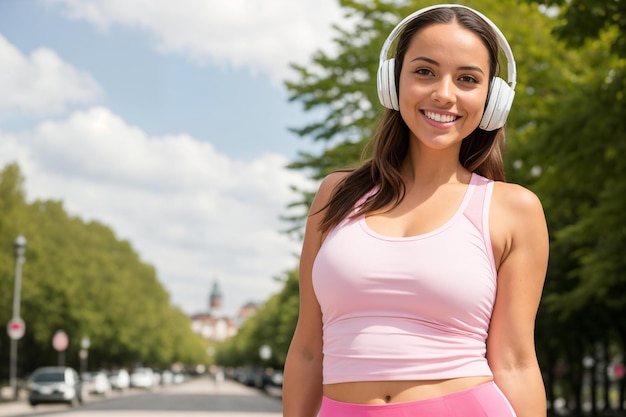 Foto joven morena con ropa deportiva escuchando música en el parque