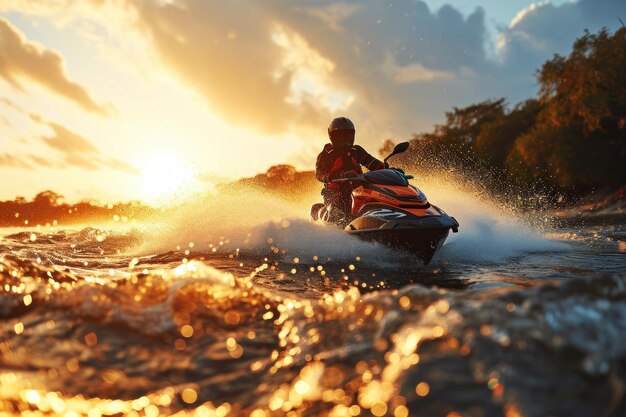 Foto joven en moto acuática en el mar