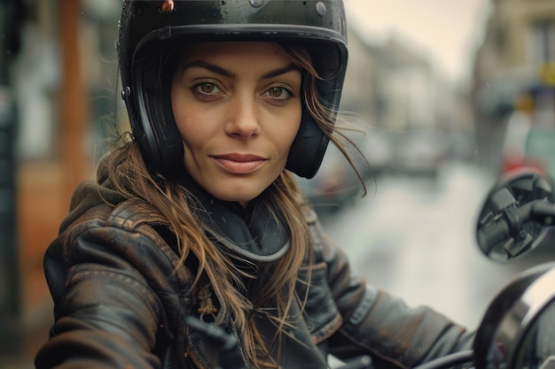 Una joven motociclista hermosa se sienta en su motocicleta y mira a la cámara sonriendo