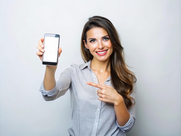 Foto una joven con un móvil para la promoción y muy feliz