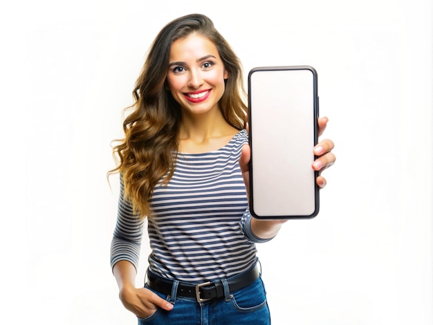 Foto una joven con un móvil para la promoción y muy feliz