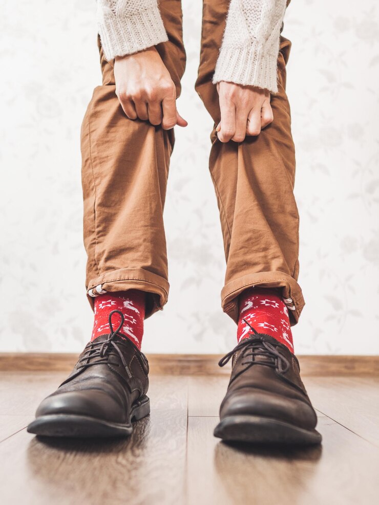 Foto el joven muestra calcetines rojos brillantes con traje casual de renos para la celebración del año nuevo y navidad
