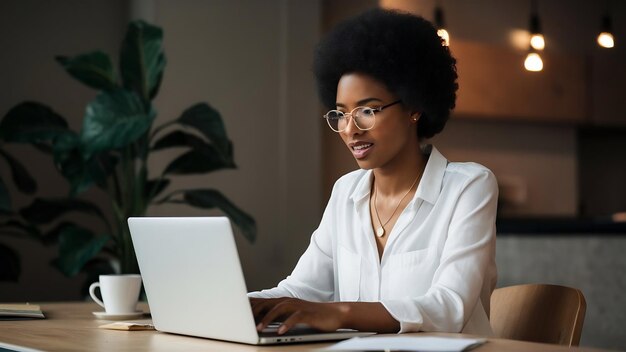 Joven mujer africana vestida de blanco usando una computadora portátil