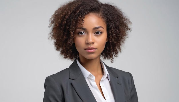 Joven mujer afroamericana de cabello rizado con traje formal