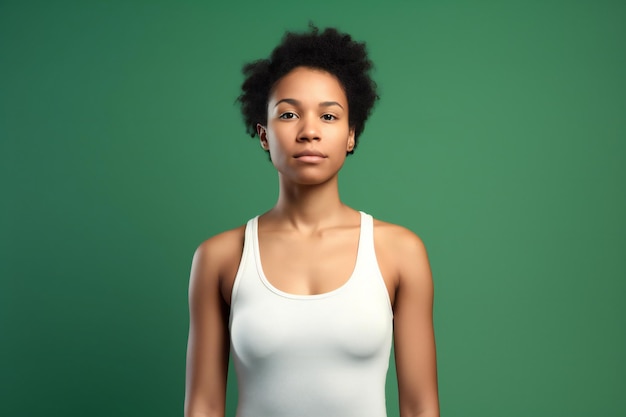 Joven mujer afroamericana en camiseta blanca sobre fondo verde