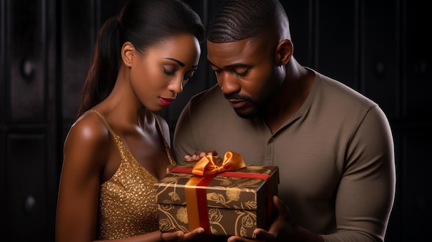 Joven mujer afroamericana decepcionada abriendo una caja de regalos contra los negros