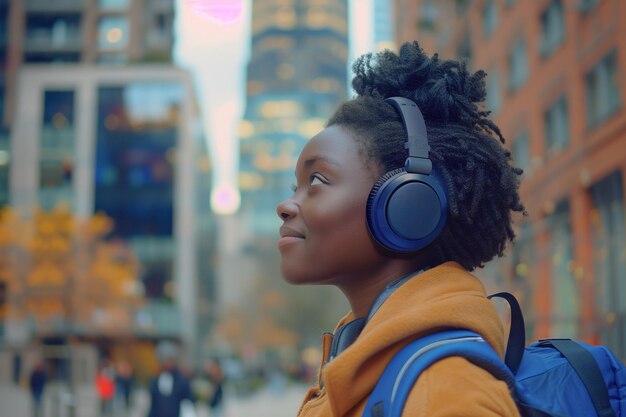 Joven mujer afroamericana disfrutando de la música en el centro