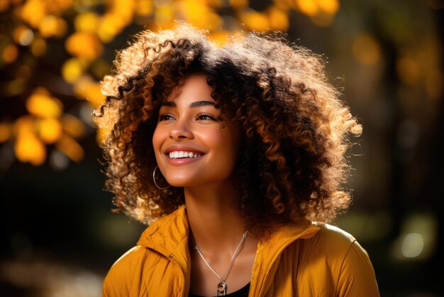 Foto joven mujer afroamericana feliz con rizos en un parque de otoño