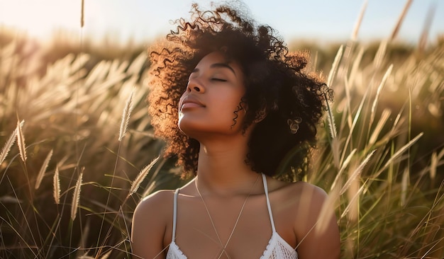 Joven mujer afroamericana con los ojos cerrados de pie entre la hierba dorada