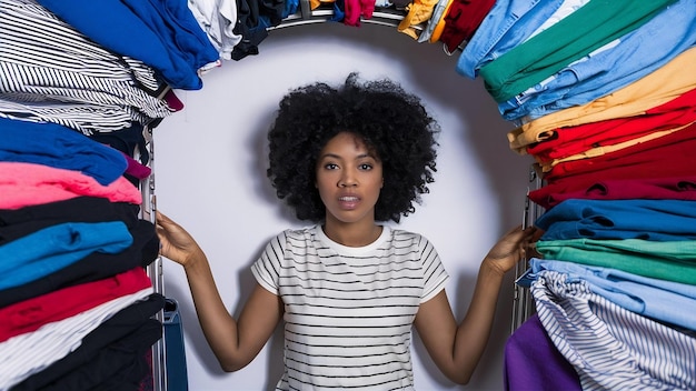 Joven mujer afroamericana rodeada de diferentes ropa de colores clasifica el armario centrado por encima