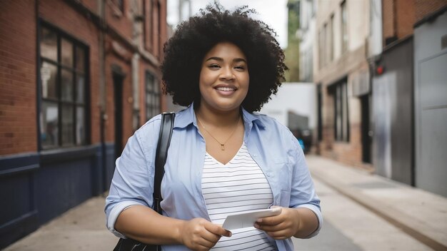 Joven mujer afroamericana en ropa casual cuerpo positivo carácter femenino más tamaño mujer de negocios