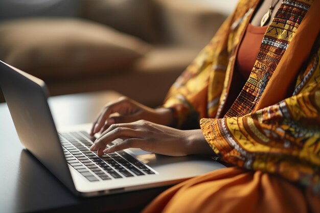 Foto joven mujer afroamericana trabajando en una computadora portátil en la oficina