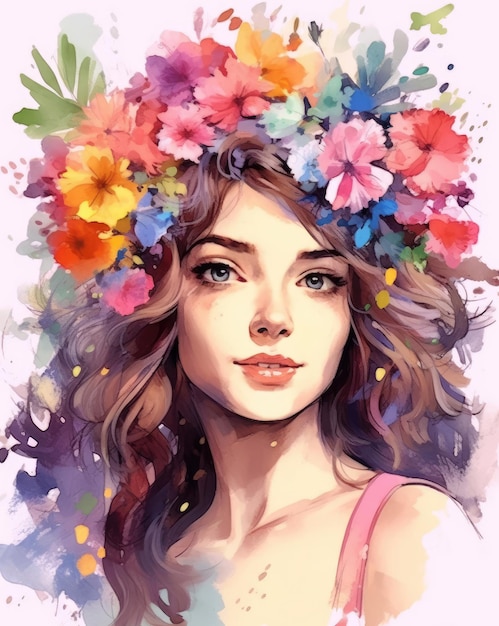 Joven mujer alegre con una corona de flores silvestres en la cabeza con el color del año 2023