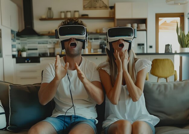 Un joven y una mujer alegres jugando videojuegos con auriculares de realidad virtual