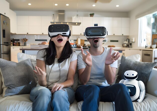 Un joven y una mujer alegres jugando videojuegos con auriculares de realidad virtual