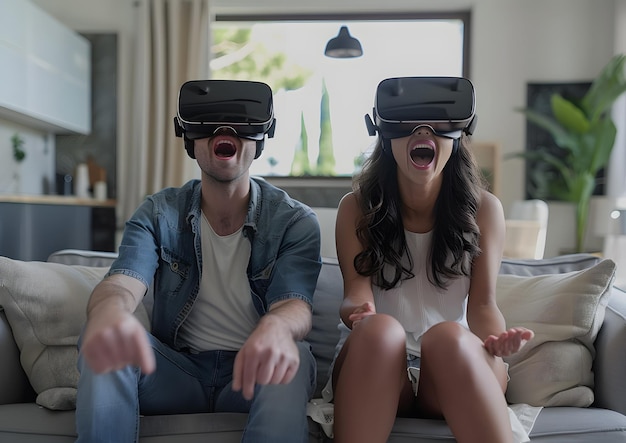 Un joven y una mujer alegres jugando videojuegos con auriculares de realidad virtual