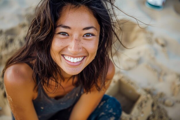 Foto joven mujer asiática alegre sonriendo en una playa soleada vacaciones de felicidad y concepto de juventud