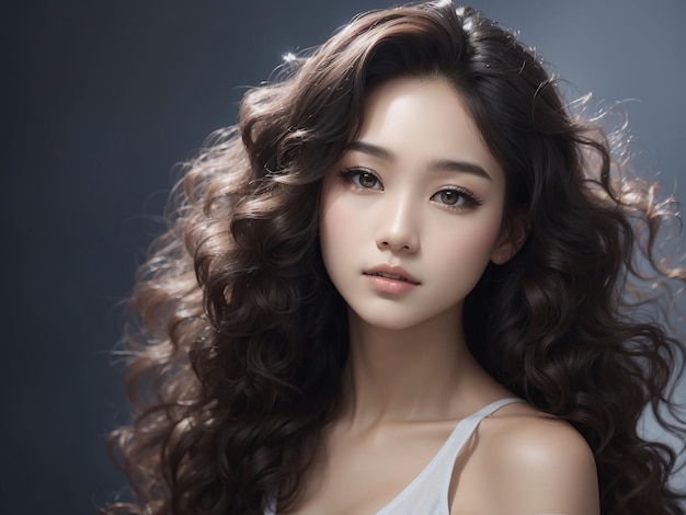 Joven mujer asiática de belleza con cabello largo y rizado con estilo de maquillaje coreano en la cara y piel perfecta