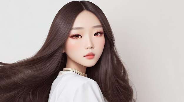 Joven mujer asiática de belleza modelo de cabello largo con estilo de maquillaje coreano en la cara y piel perfecta