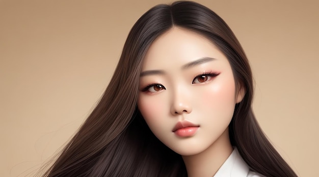 Joven mujer asiática de belleza modelo de cabello largo con estilo de maquillaje coreano en la cara y piel perfecta