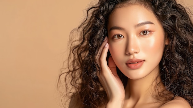 Joven mujer asiática de belleza pelo largo rizado con estilo de maquillaje coreano toca su cara y piel perfecta sobre fondo beige aislado Tratamiento facial Cosmetología cirugía plástica