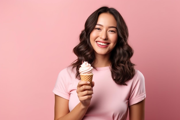 joven mujer asiática en estilo de verano tiene delicioso helado