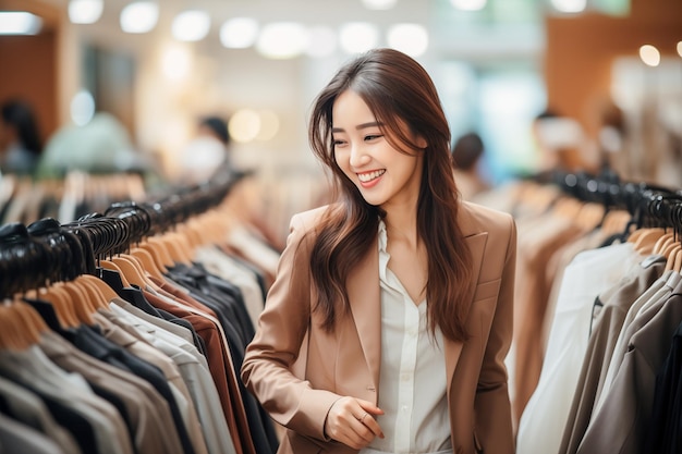 Joven mujer asiática de moda comprando y seleccionando ropa en una tienda de ropa