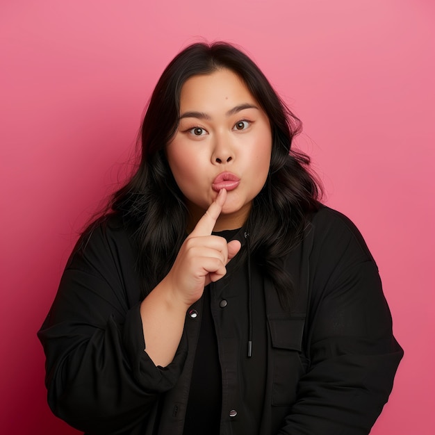 Foto joven mujer asiática pidiendo estar callada con el dedo en los labios silencio y concepto secreto