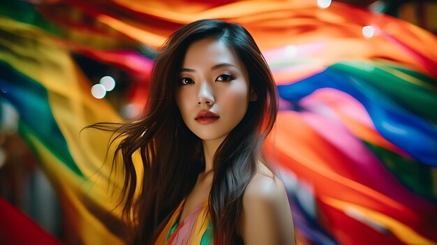 Joven mujer asiática sobre un fondo multicolor Retrato Ai Generativo
