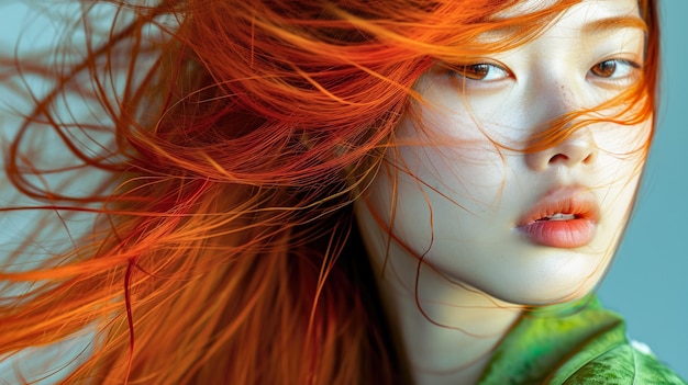 Joven mujer asiática vibrante con un llamativo cabello rojo