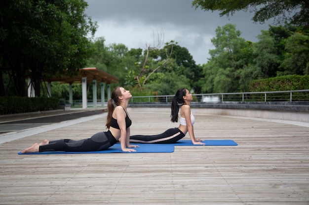 Joven mujer atractiva deportiva practicando yoga haciendo ejercicio de yoga Hermosa mujer joven practicando yoga en la terraza de madera