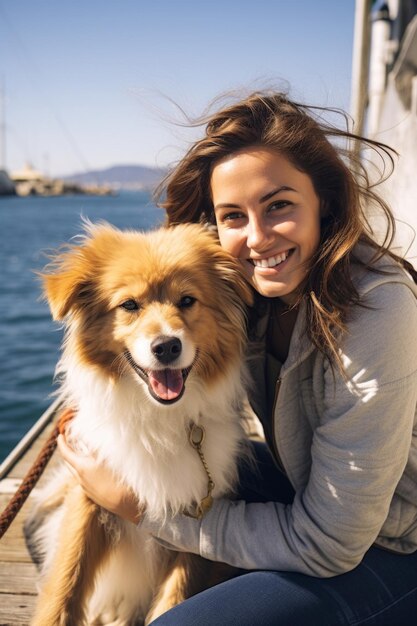 Joven mujer atractiva sentada en el muelle con su perro abrazando y acariciando a una hermosa mascota IA generativa