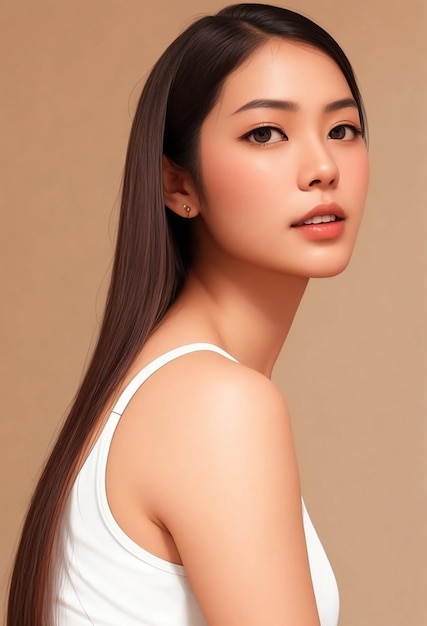 Joven mujer de belleza asiática con cabello largo modelo con estilo de maquillaje coreano en la cara y piel perfecta