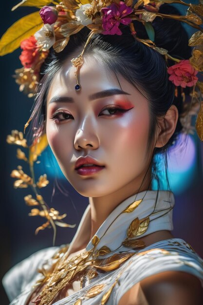 Joven mujer de belleza asiática de cabello largo en vestido blanco con maquillaje coreano