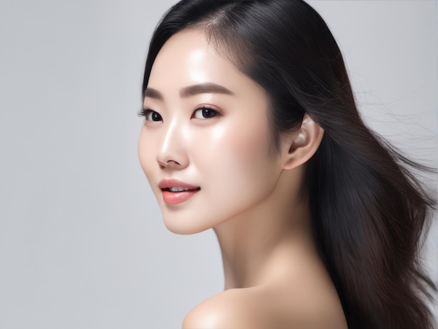 Joven mujer de belleza asiática con piel perfecta sobre fondo blanco aislado Tratamiento facial Cosmetología