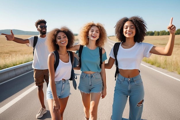Joven mujer blanca con sus amigos multirraciales haciendo autostop en la autopista viajando por autostop al aire libre