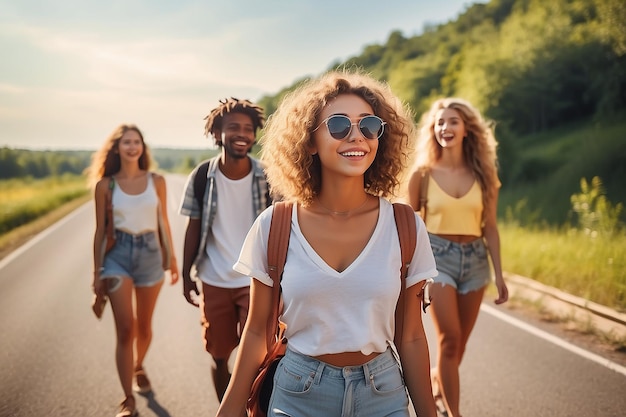 Joven mujer blanca con sus amigos multirraciales haciendo autostop en la autopista viajando por autostop al aire libre