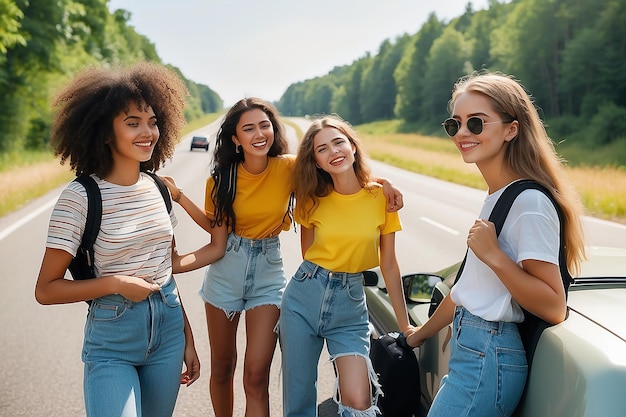 Foto joven mujer blanca con sus amigos multirraciales haciendo autostop en la autopista viajando por autostop al aire libre