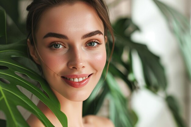 Joven mujer bonita con una gran hoja verde